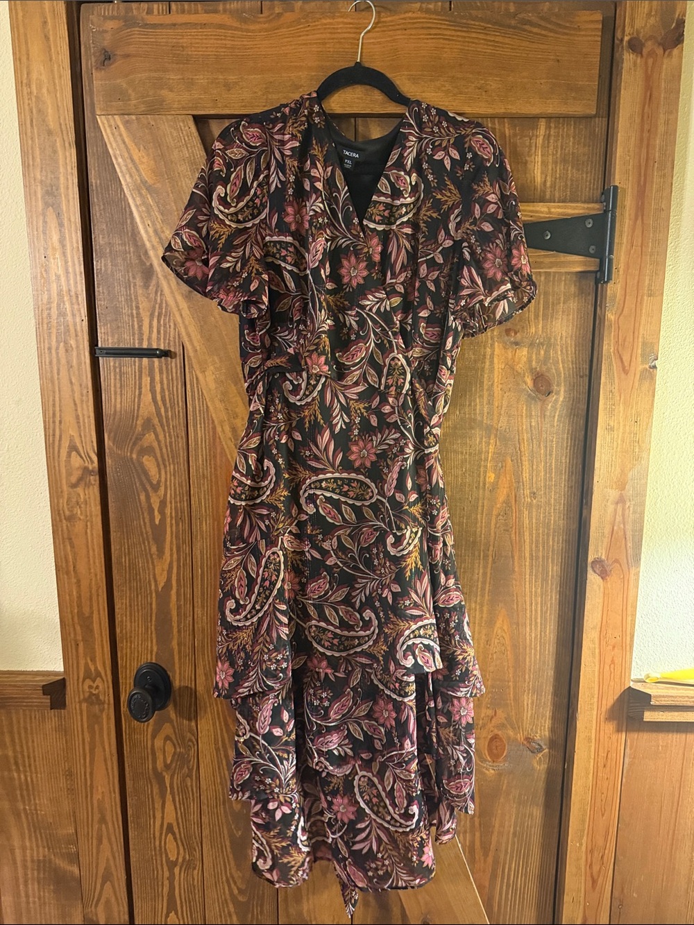 Tacera Brown Paisley Ruffle Midi Dress with Pink Accents